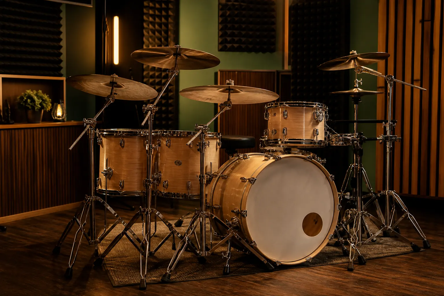 Acoustic drum kit in a treated studio for 1-to-1 drum lessons at King George's Music Academy, Jalan Besar Singapore