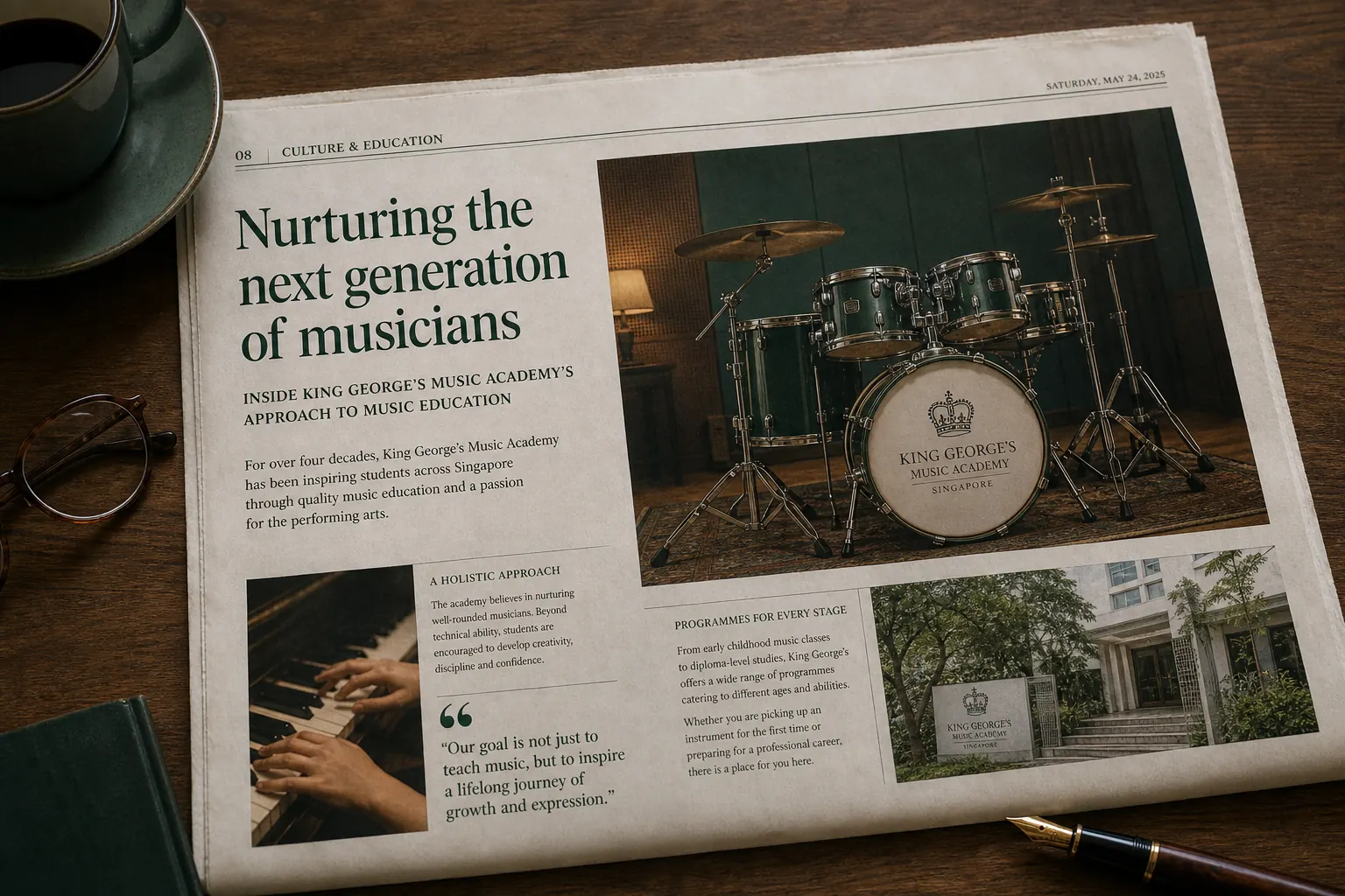 Editorial illustration of press coverage of King George's Music Academy in Singapore
