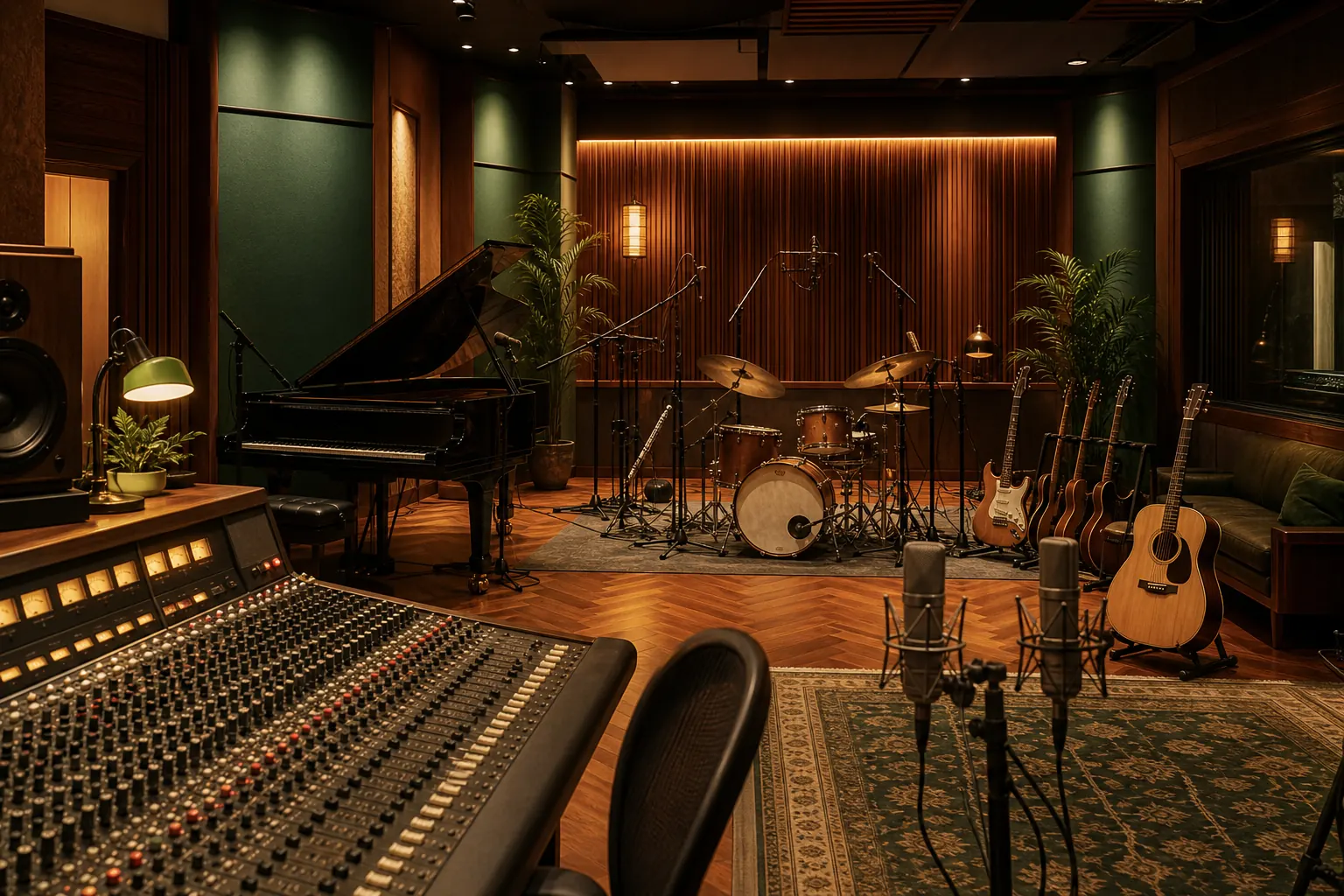 Warm recording studio with drums, piano, guitars and microphones